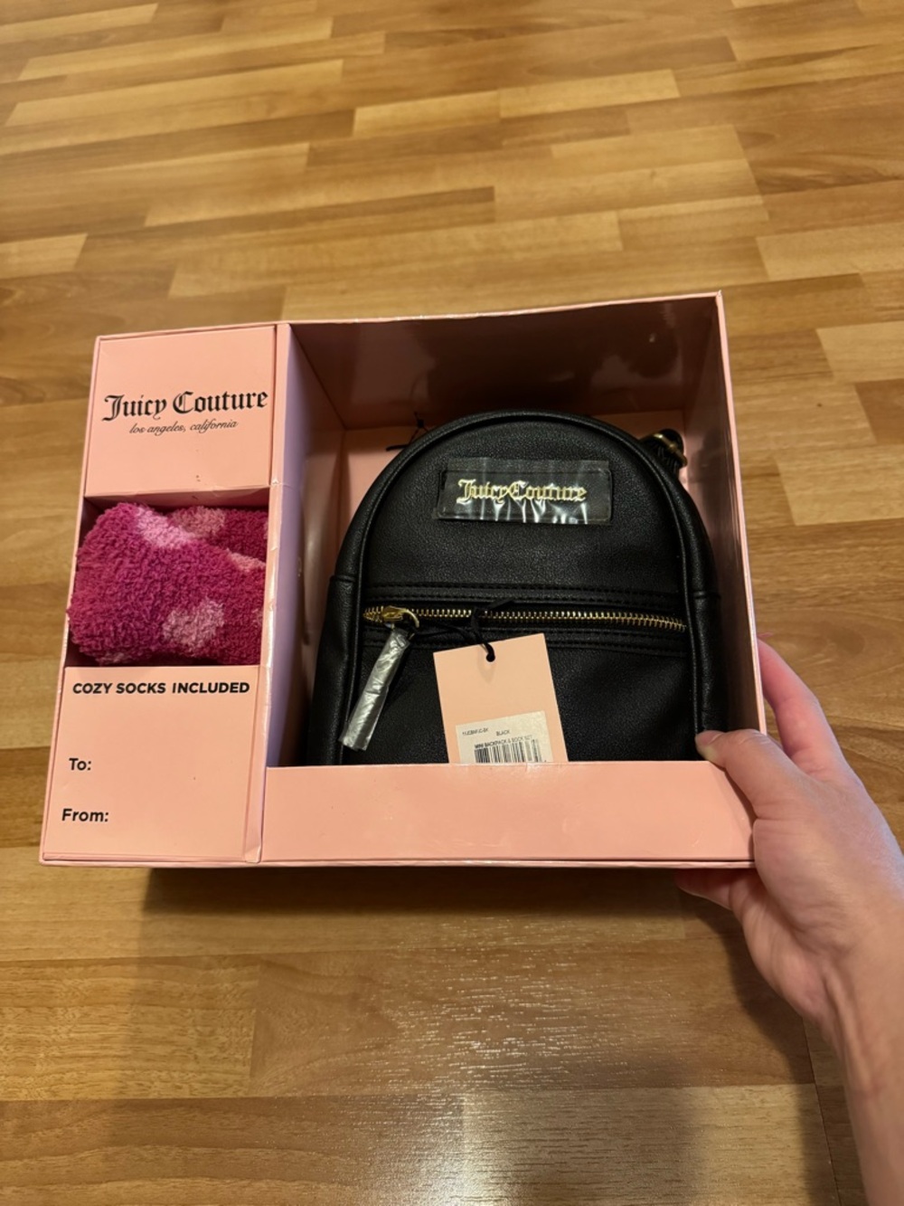 Juicy Couture Black Mini Backpack Gift Set with Pink Cozy Socks